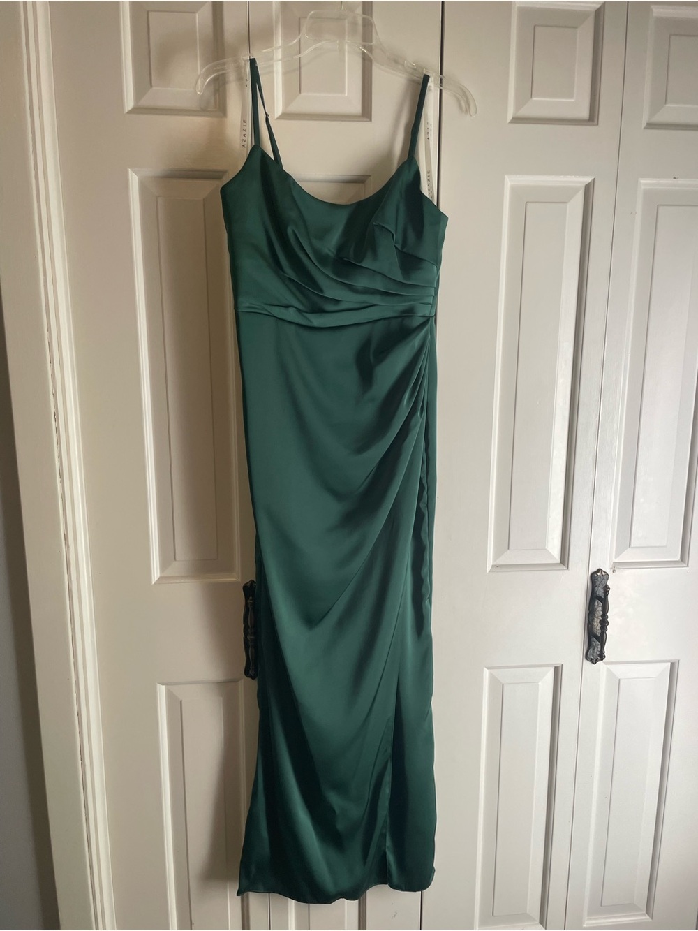 Azazie Dark Green Stretch Satin Maxi Bridesmaid Dress Size A6